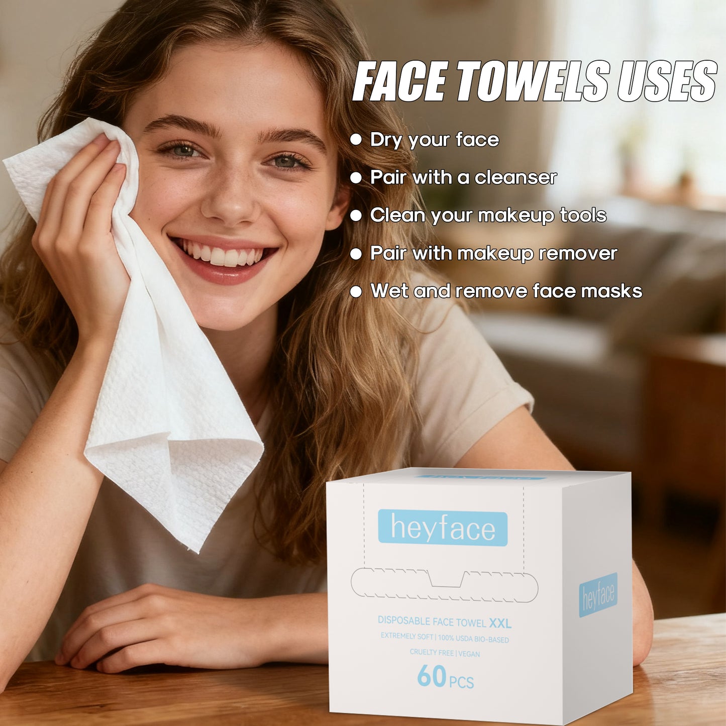 Clean Towels 60 Ct - Size 11.5" x 11.1", Disposable Face Towelette, Makeup Remover Wipes