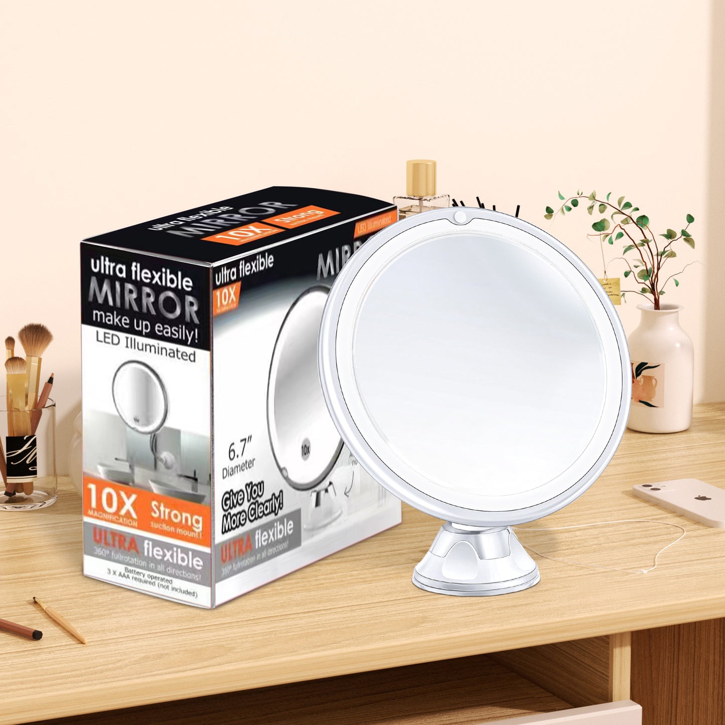 Magnifying Mirror 10X Magnification Makeup Vanity Lighted Mirror Setting Adjustable Rotation LED Vanity Desk Mirror